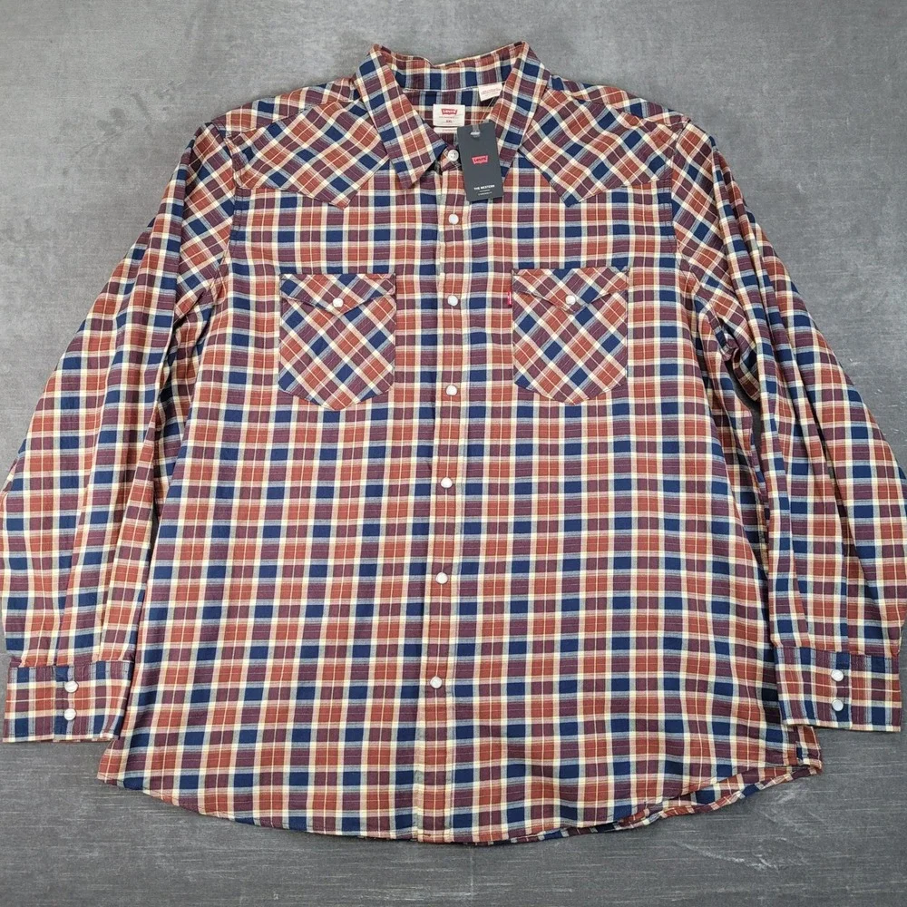 Levis Mens XXL Western Plaid‎ Long Sleeve Snap Button Shirt Red Blue New